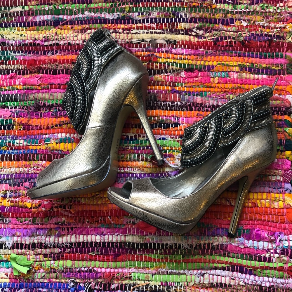 Bakers Pewter Grey Beaded Strap Metallic Heels